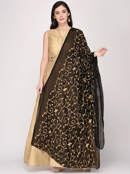 Dupatta Bazaar Black & Beige Embroidered Dupatta