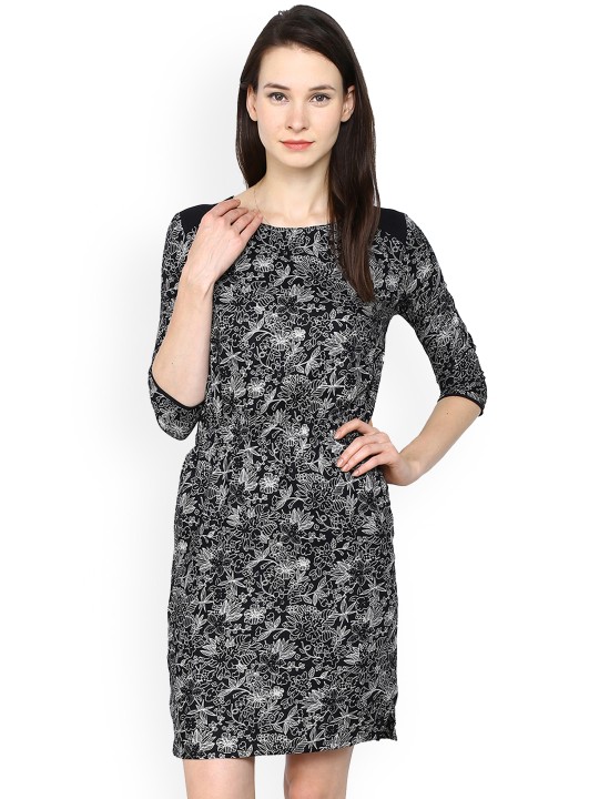 Women Black Printed A-Line Dress XS