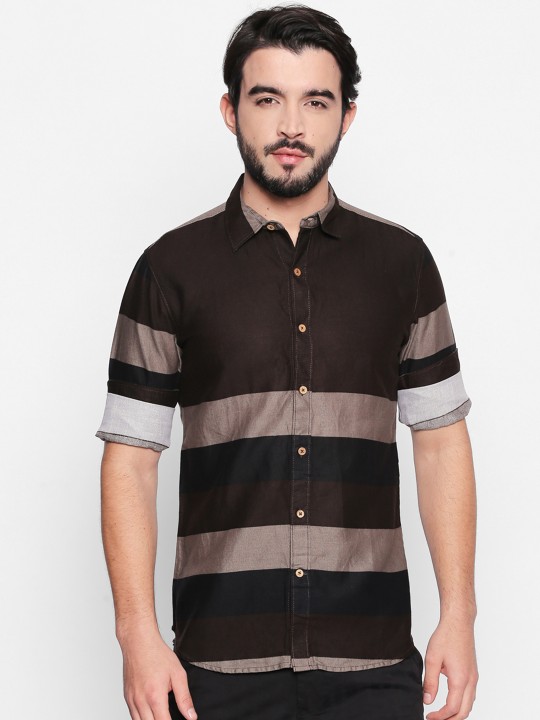 Men Brown Slim Fit Striped Casual Shirt 40