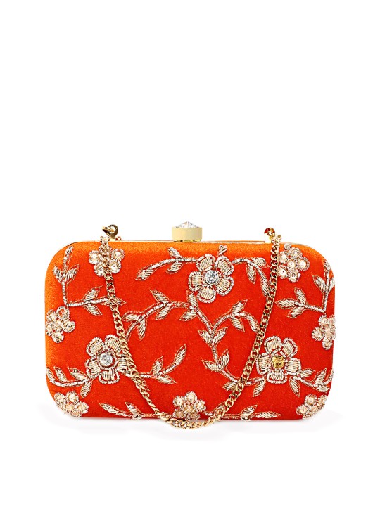 Orange Embroidered Box Clutch