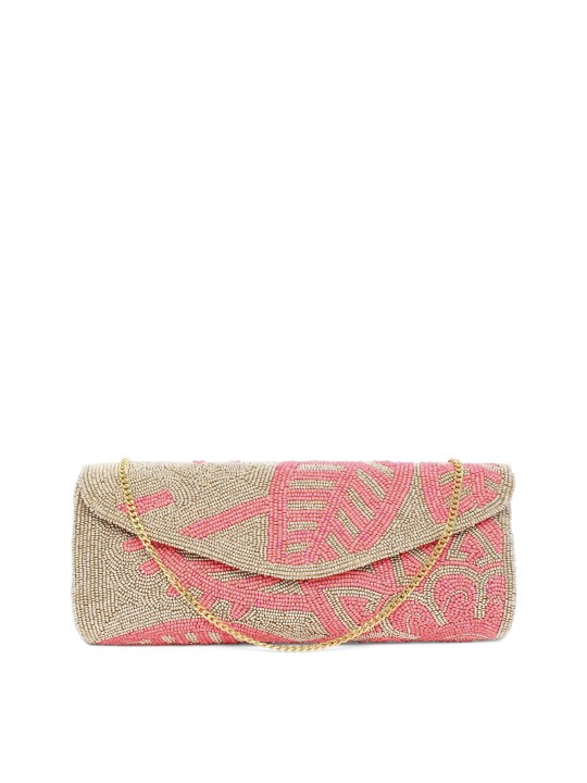 Gold-Toned & Peach-Coloured Embellished & Embroidered Clutch