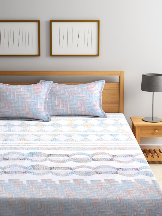 White & Blue Abstract Flat 180 TC Cotton 1 King Bedsheet with 2 Pillow Covers