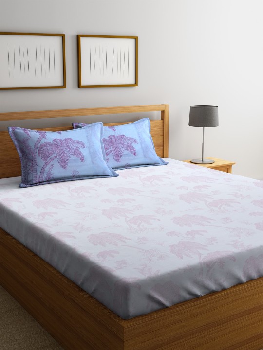 Blue 144 TC Cotton Floral Flat 1 Queen Bedsheet with 2 Pillow Covers