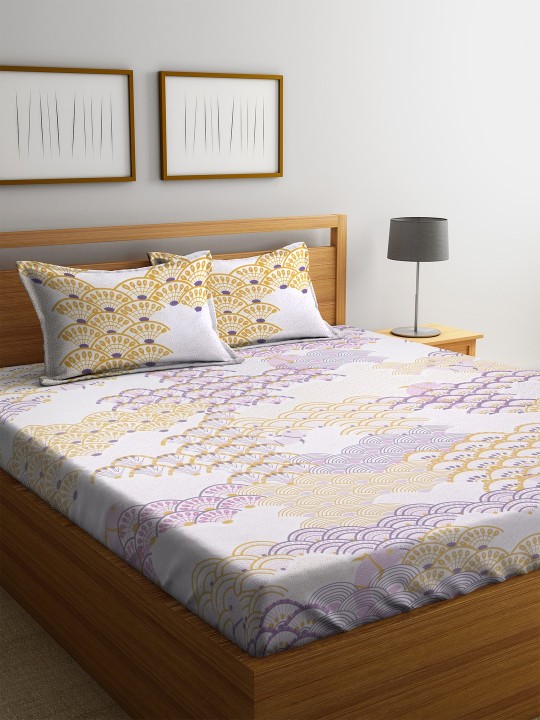 White & Gold-Toned 180 TC Cotton Abstract Flat 1 King Bedsheet with 2 Pillow Covers