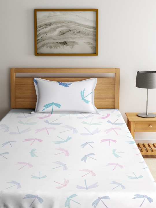 Multicoloured Abstract Flat 144 TC Cotton 1 Single Bedsheet With 1 Pillow Cover