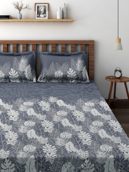 Charcoal Grey Floral Flat 144 TC Cotton Double Bedsheet with 2 Pillow Covers