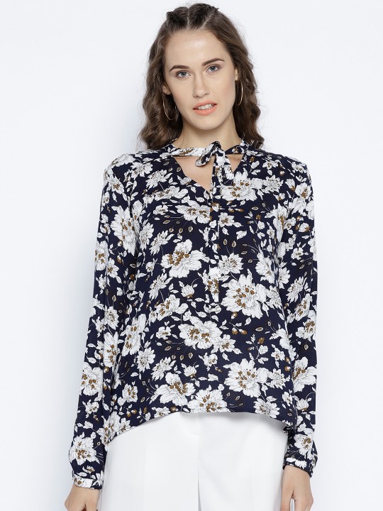 Women Navy Blue & White Printed Top S