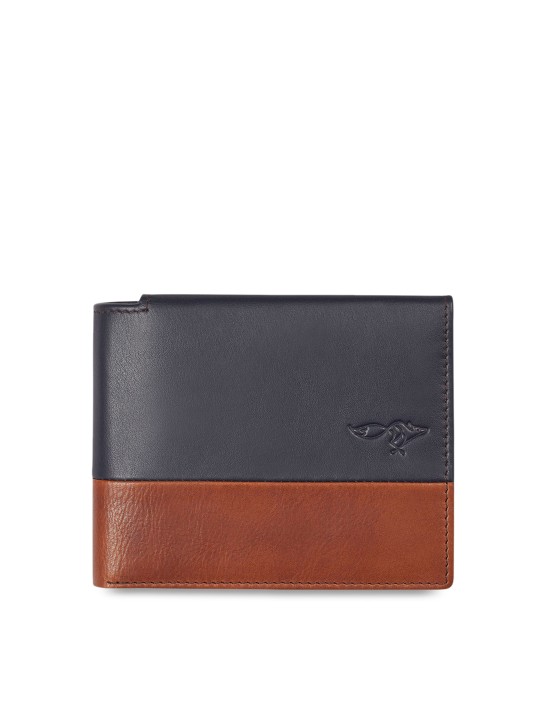 Men Navy Blue & Tan Solid Two Fold Wallet