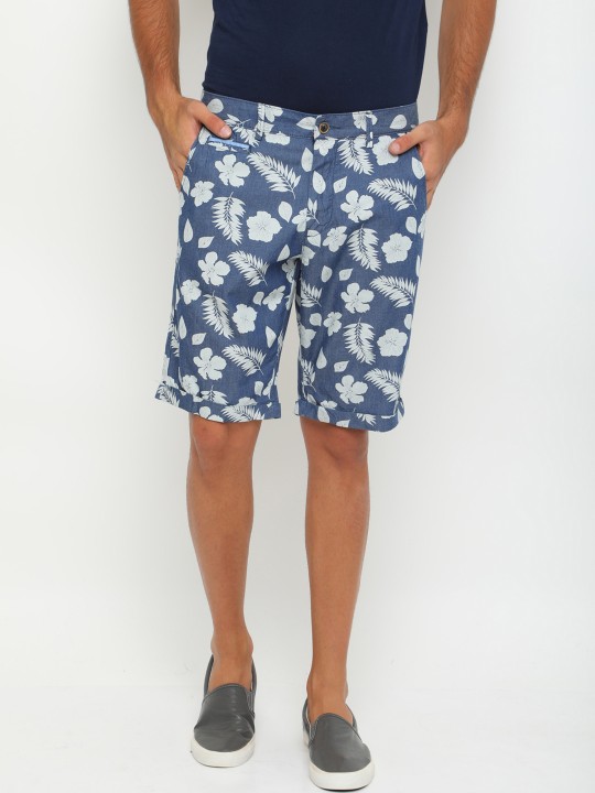 Men Blue Printed Slim Fit Regular Shorts 30
