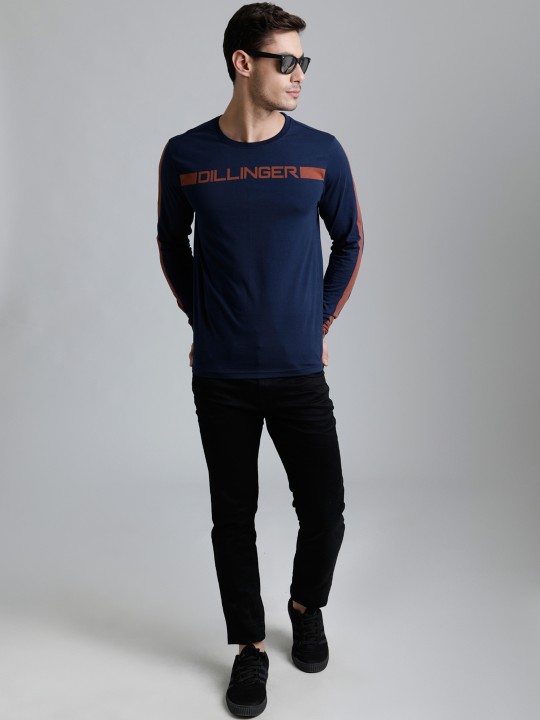 Men Navy Blue Printed Round Neck T-shirt S
