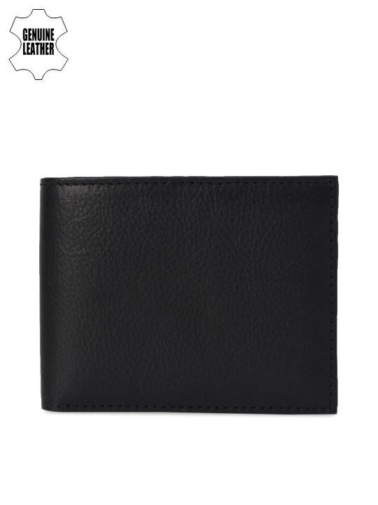 Men Black Textured Two Fold Genuine Leather Wallet