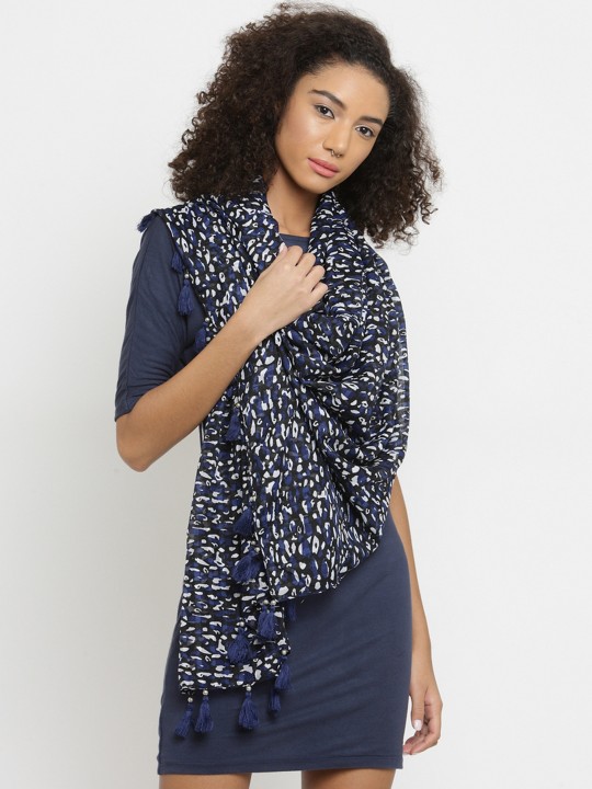 Women Black & Navy Blue Printed Stole