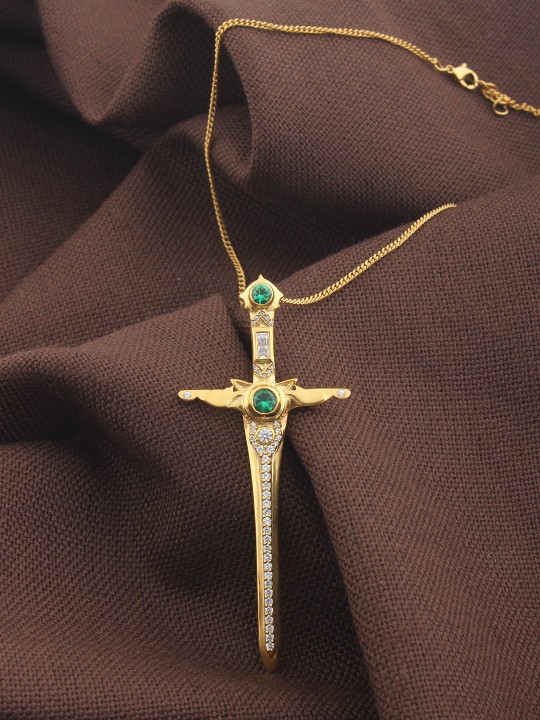Gold-Toned & Green Love Sword CZ Stone-Studded Pendant With Chain
