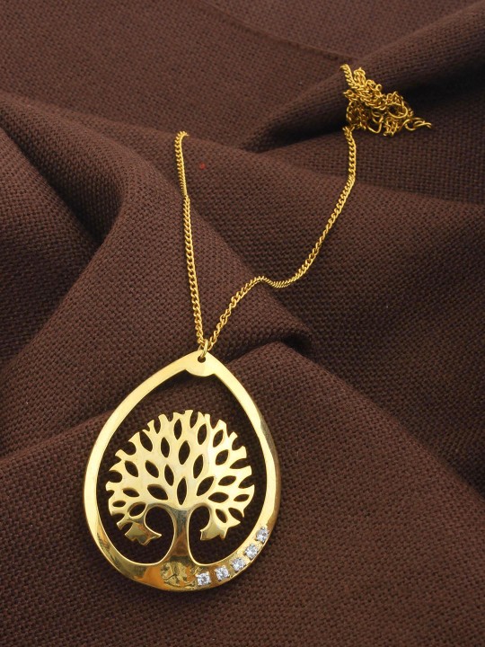 Gold-Toned Tree Of Life Stone-Studded Pendant With Chain
