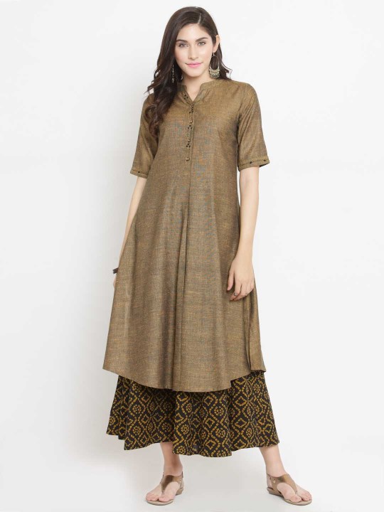 Women Brown Self Design Kurta with Palazzos S