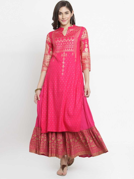Women Fuchsia Printed Kurta with Skirt S