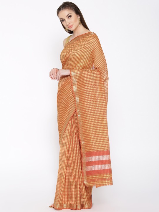 Rust Orange & Golden Checked Handloom Maheshwari Jamdani Handloom Saree