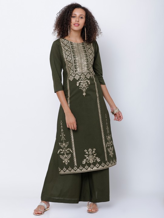 Women Olive Green & Gold-Toned Solid Kurta with Palazzos S