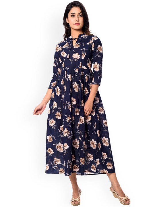Women Navy Blue Printed Fit and Flare Dress S