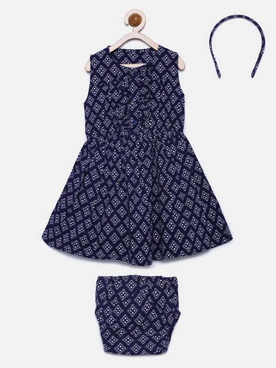 Girls Blue Printed Fit and Flare Dress 3-6M