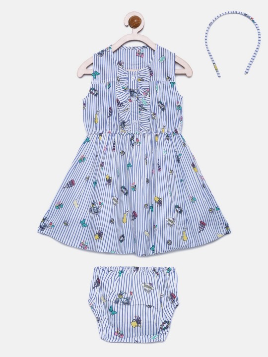 Girls Blue Printed Fit and Flare Dress 3-6M