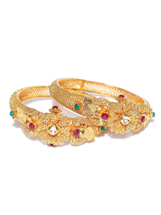 Set of 2 Gold-Toned & Red Stone-Studded Textured Bangles 2.4