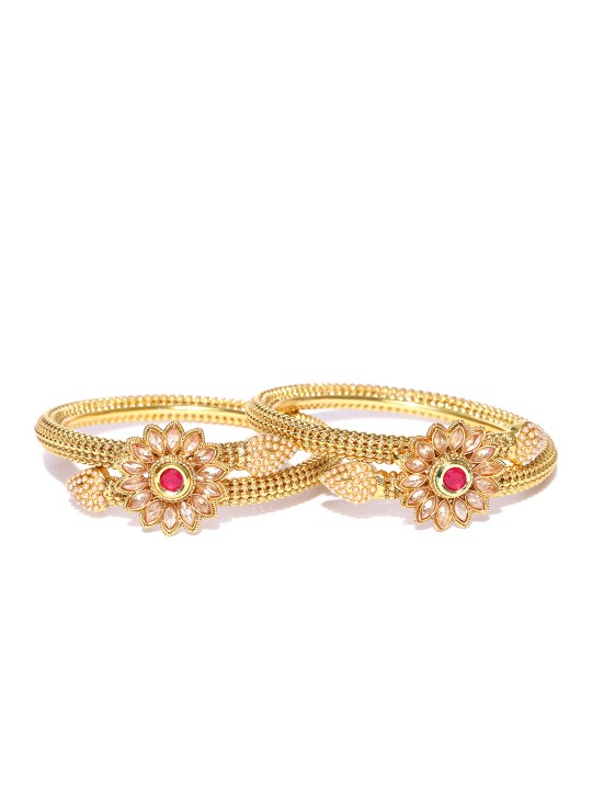 Set of 2 Gold-Toned Stone-Studded Textured Bangles 2.4