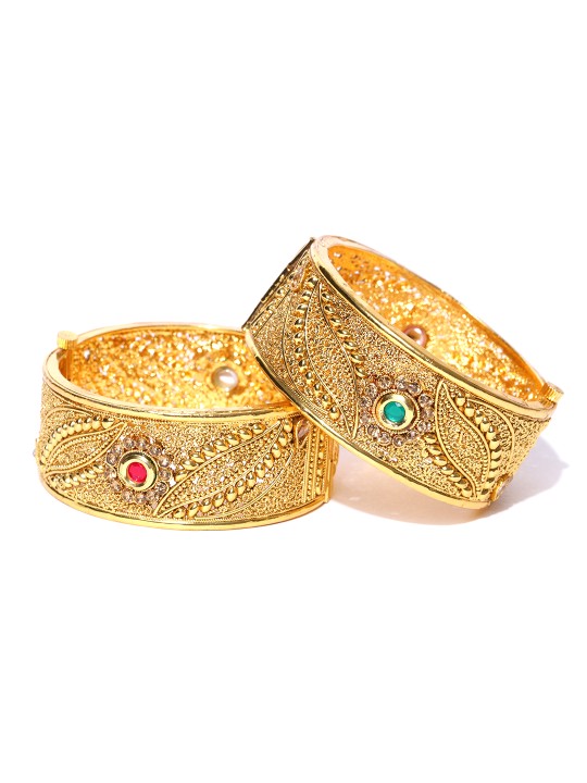 Set of 2 Gold-Toned Stone-Studded Textured Bangles