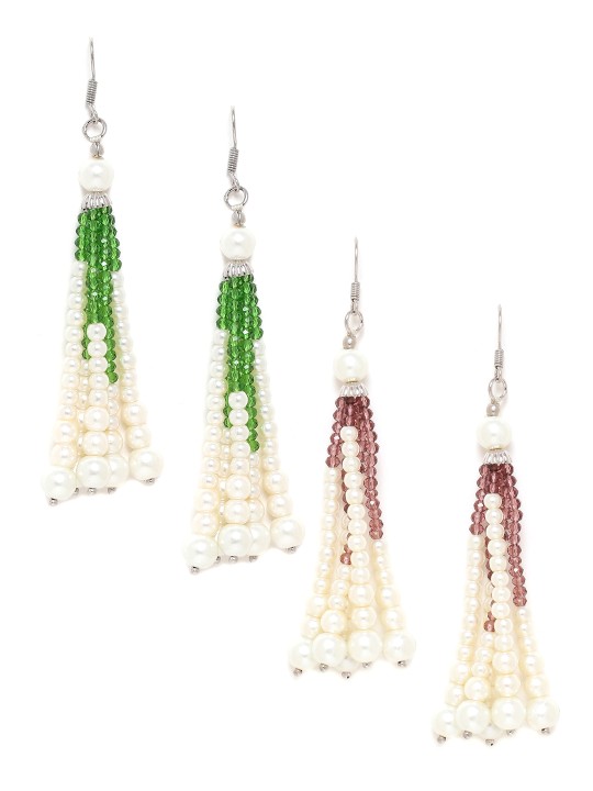 Set of 2 Silver-Plated Stone-Studded Drop Earrings