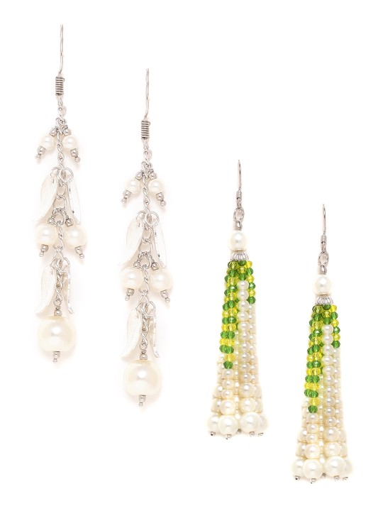 Set of 2 Silver-Plated Stone-Studded Drop Earrings