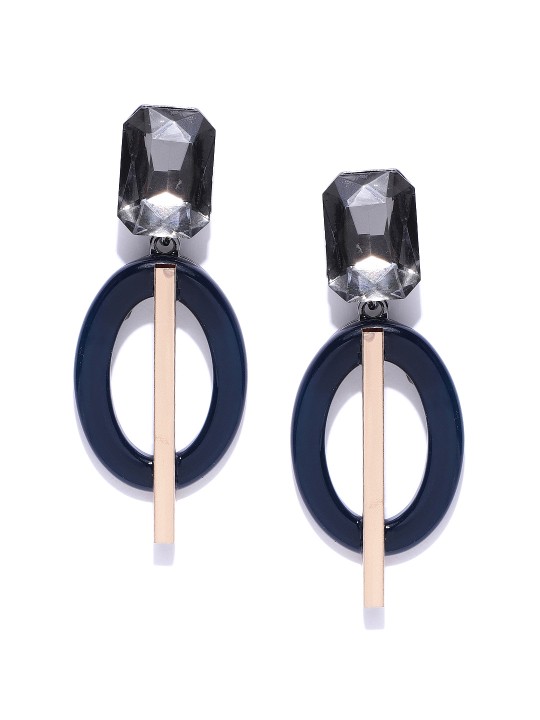 Gunmetal-Toned & Navy Gold-Plated Contemporary Drop Earrings