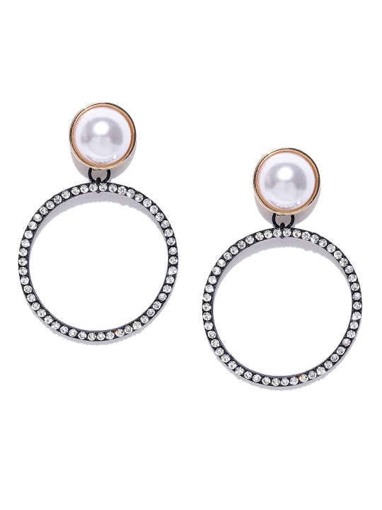 Black & Off-White Rhodium-Plated Stone-Studded Handcrafted Circular Drop Earrings