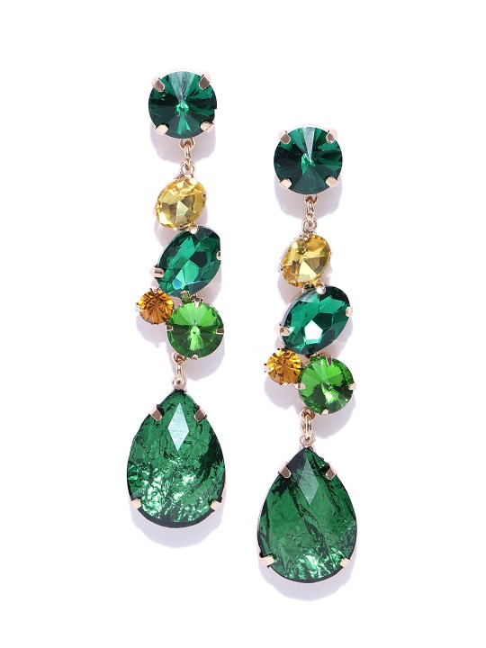 Green Gold-Plated Stone-Studded Handcrafted Teardrop Shaped Drop Earrings