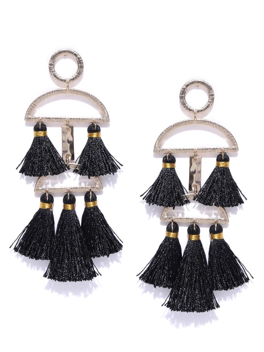 Black Gold-Plated Tasseled Contemporary Drop Earrings