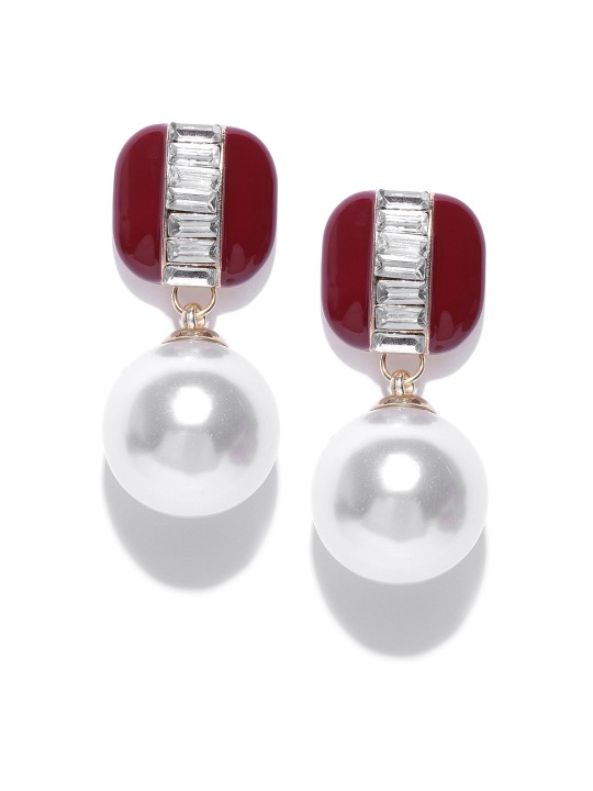 Red & Off-White Gold-Plated Geometric Drop Earrings