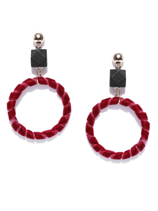 Red & Black Gold-Plated Circular Drop Earrings