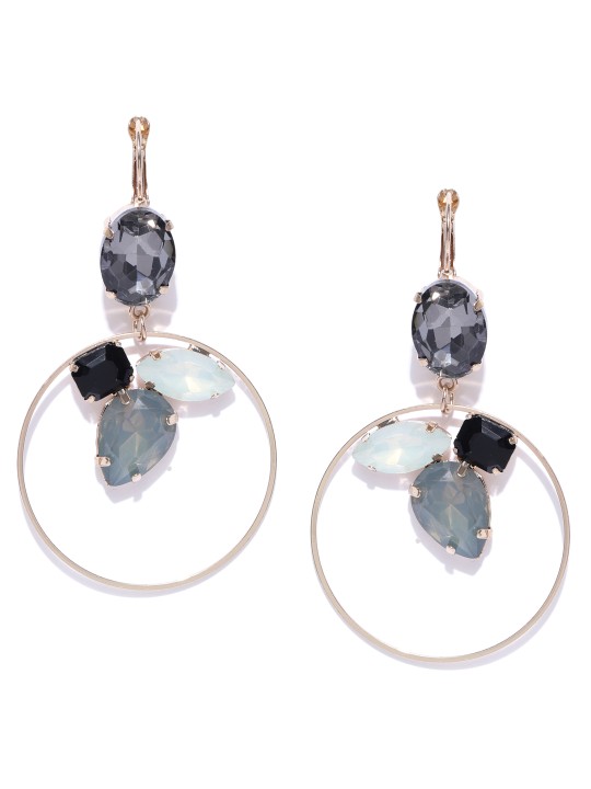 Charcoal Grey & Green Gold-Plated Handcrafted Geometric Drop Earrings