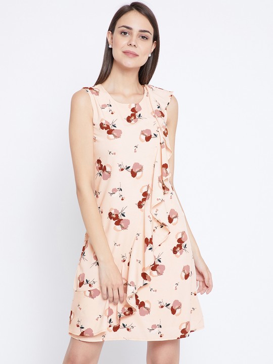 Women Peach-Coloured Printed Fit and Flare Dress XS