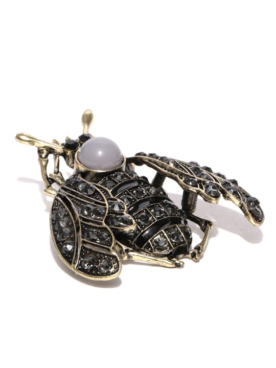Women Antique Gold-Toned & Charcoal Grey CZ Stone-Studded Honey Bee-Shaped Brooch