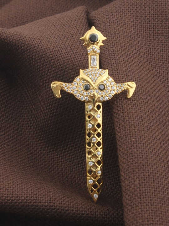 Gold-Toned Owl & Sword-Shaped White CZ Studded Ring