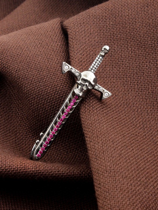 Metallic Skull & Sword-Shaped Pink Stone-Studded Ring