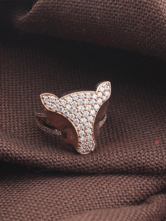 Rose Gold-Toned Fox White CZ Studded Ring
