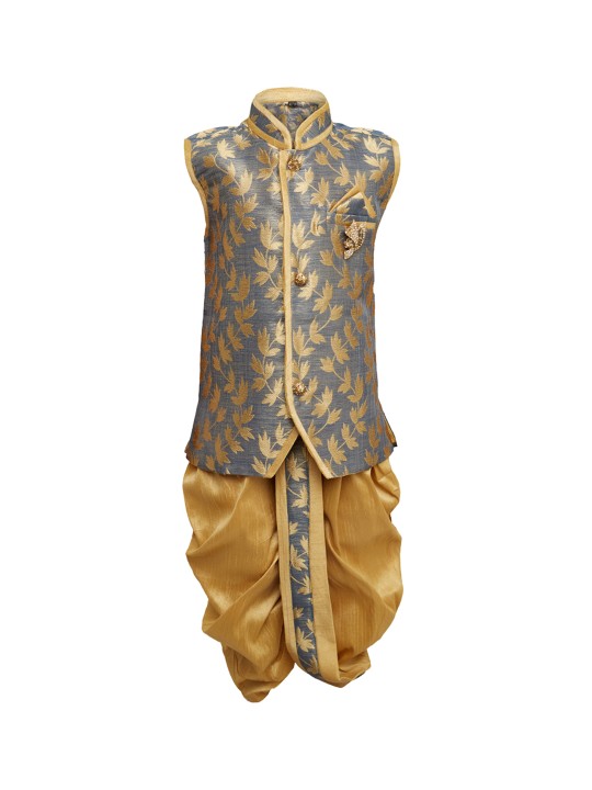 Boys Grey & Mustard Self Design Kurta with Dhoti Pants 6-12M