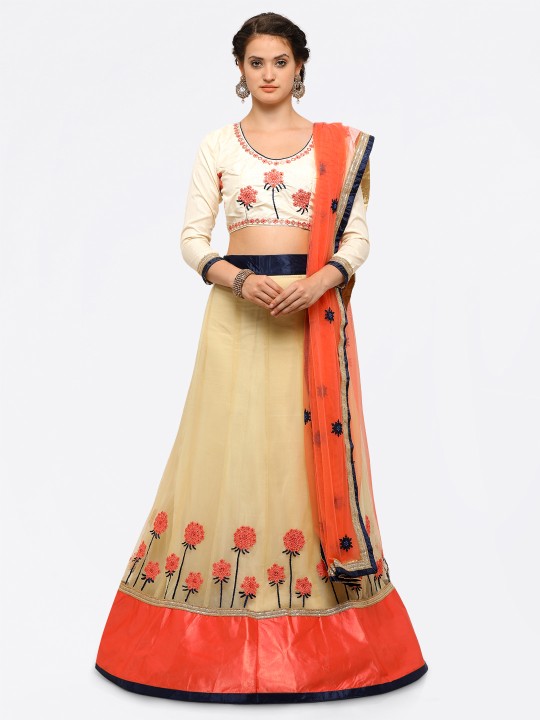 Cream-Coloured & Orange Embroidered Semi-Stitched Lehenga & Unstitched Blouse with Dupatta