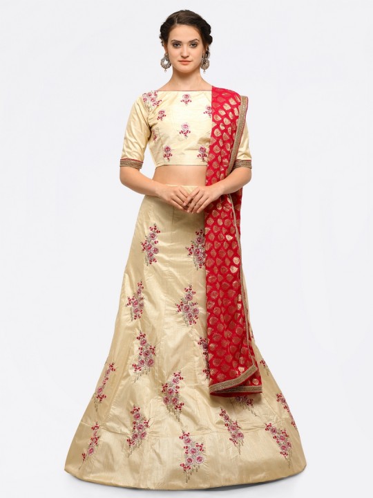 Cream-Coloured & Red Embroidered Semi-Stitched Lehenga & Unstitched Blouse with Dupatta