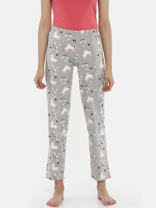 Women Grey Melange Printed Lounge Pants S