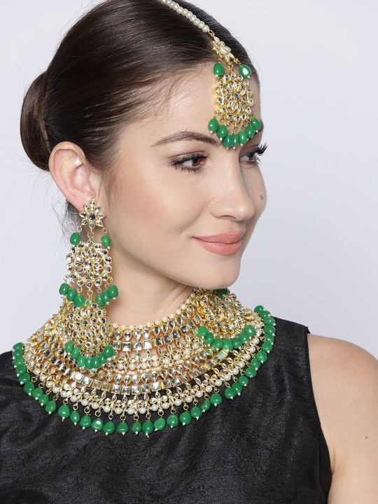 Green 18 K Gold-Plated Kundan-Studded Handcrafted Jewellery Set