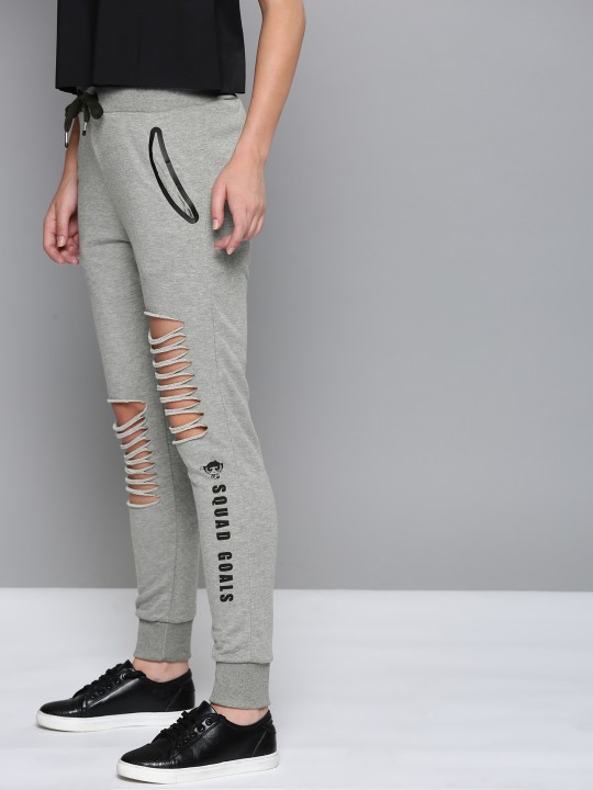 Women Grey Melange Solid Ribbed Straight Fit Joggers XS