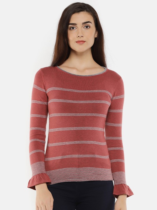 Women Maroon & Grey Striped Top S