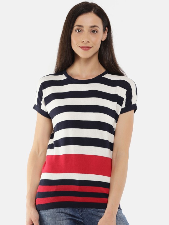 Women Navy Blue & White Striped Top S
